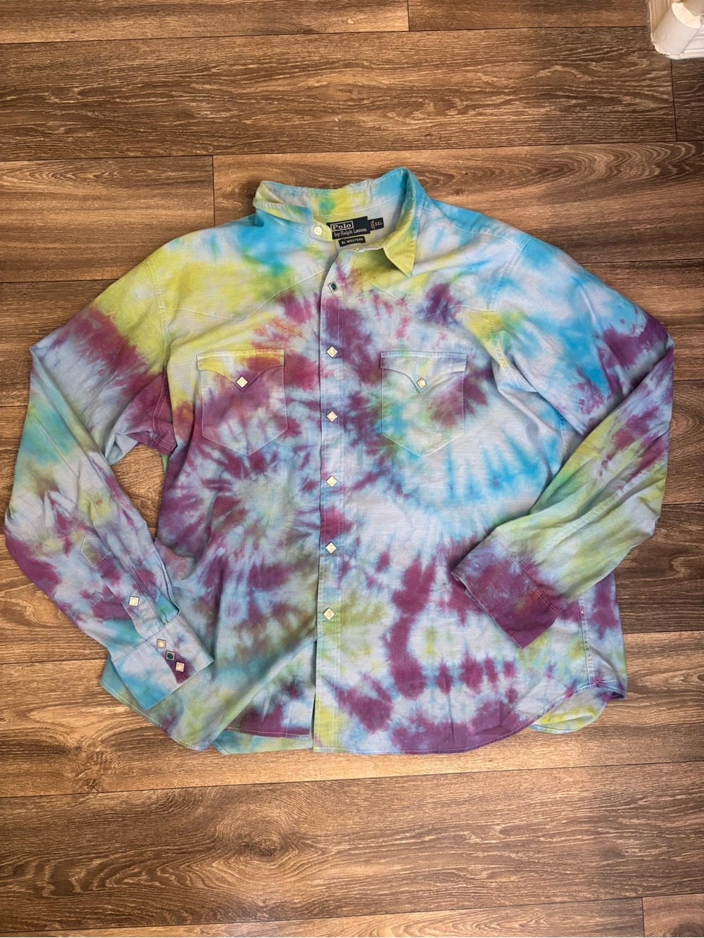 Vintage Polo Ralph Lauren RL Western Tie Dye Shirt with Unique Button Up SizeXXL
